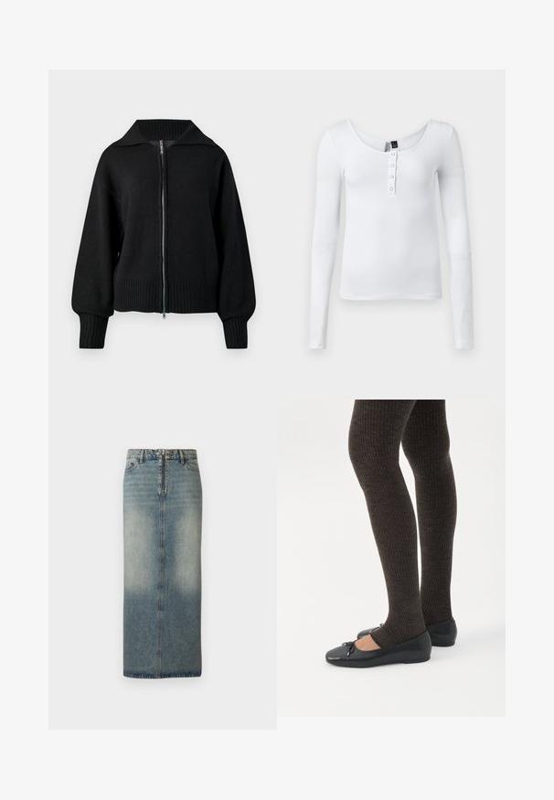 Sort strikjakke med lynlås, bred krave, ribbede manchetter og ribbet kant.; Hvid langærmet ribbet top med scoop-neck og fire knapper foran. Stoffet har en glat tekstur og en tætsiddende pasform.; Denim midi nederdel i lys blåt med en falmet finish. Har en frontlynlås og knaplukning, lige snit og minimale syninger.; Ben iført mørke ribbede leggings kombineret med sorte balletsko med små sløjfedetaljer på hvid baggrund.
