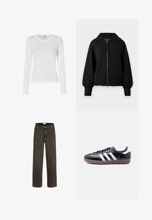 Chaqueta negra de punto con cremallera, cuello ancho, puños acanalados y dobladillo acanalado.; Top blanco de manga larga, elástico, con cuello redondo, textura suave, diseño ajustado y detalles acanalados en las mangas y el dobladillo.; Jeans de pierna ancha en denim verde oliva oscuro, con un clásico diseño de cinco bolsillos, cierre de botón y un sutil desgastado para añadir textura.; Zapatilla negra de perfil bajo con patrón texturizado de piel de serpiente, rayas blancas en el costado, cordones negros y suela traslúcida marrón.