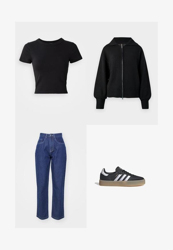 Chaqueta negra de punto con cremallera, cuello ancho, puños acanalados y dobladillo acanalado.; Camiseta corta negra hecha de algodón sólido, con mangas cortas y un cuello redondo, de diseño suave y sencillo.; Jeans de mezclilla azul oscuro con cintura alta, pierna recta, cinco bolsillos y costuras en contraste. Diseño clásico con una textura suave.; Zapatilla deportiva de cuero negro con tres rayas plateadas, punta texturizada y suela de goma. Cuenta con un collar acolchado y un diseño con cordones.