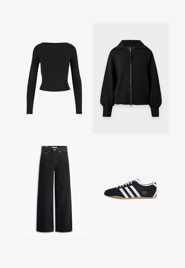 Chaqueta negra de punto con cremallera, cuello ancho, puños acanalados y dobladillo acanalado.; Top corto negro de manga larga hecho de una tela suave y elástica, con un diseño sencillo y ajustado y un escote amplio. Sin patrones ni adornos.; Jeans de pierna ancha negros hechos de denim, con cinco bolsillos, remaches de cobre y un cierre clásico de botón. Textura suave con un diseño limpio.; Zapatillas de ante negro con tres franjas blancas, logotipo dorado y suela de goma marrón. Presentan un diseño de cordones de perfil bajo.