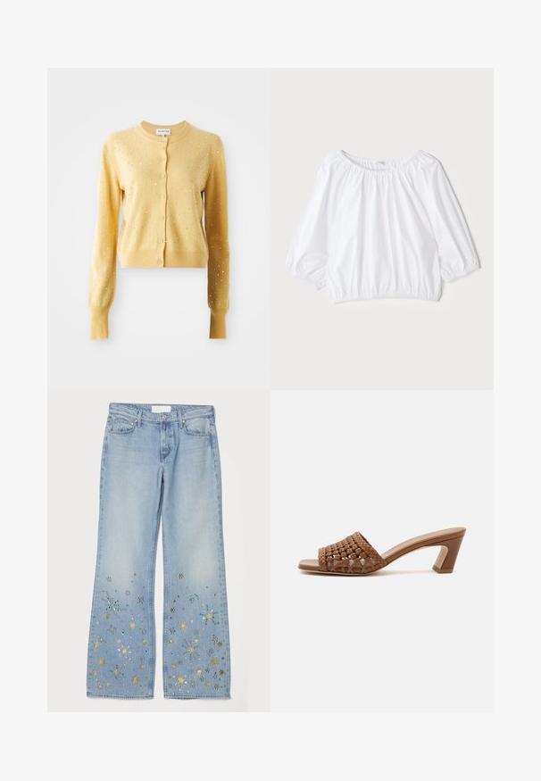 Gul cardigan med lange ærmer, der har en rund halsudskæring, knaplukning og er pyntet med små sølvnitter over stoffet.; Hvid, letvægts bluse med rund halsudskæring, trekvartlange pufærmer og elastisk talje, som har en glat, skinnende tekstur.; Lysblå bredbukser med dekorative pynt, med metallisk guld, sølv og turkise stjernemønstre nær kanten.; Brun flettet mule med åben tå, blokhæl og slip-on design på en ensfarvet hvid baggrund.