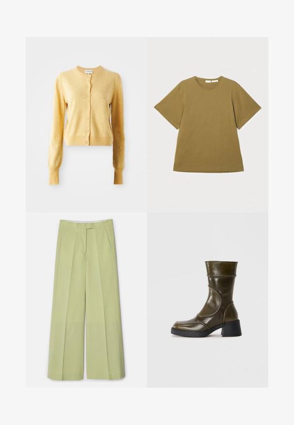 Gul cardigan med lange ærmer, der har en rund halsudskæring, knaplukning og er pyntet med små sølvnitter over stoffet.; Olivenfarvet t-shirt med korte ærmer lavet af blødt stof, med rund halsudskæring og en afslappet pasform, præsenteret mod en hvid baggrund.; Lys grønne brede bukser i glat stof, med frontfolder, to sidelommer og lige snit.; Olivengrøn læder ankelstøvle med rund tå, elastisk panel og en chunky sort hæl. Glat overflade og subtilt syede detaljer.