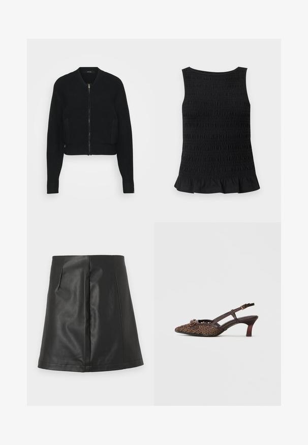 Veste bomber noire courte en tissu texturé avec une fermeture éclair à l'avant, des poignets côtelés et deux poches latérales.; Haut noir sans manches avec une texture smockée et un ourlet à volants, conçu pour une silhouette ajustée.; Mini-jupe trapèze en similicuir noir avec détails de couture avant sur fond blanc.; Escarpin slingback tissé marron avec bout pointu, doté d'une boucle décorative, de fines brides et d'une hauteur de talon modérée.