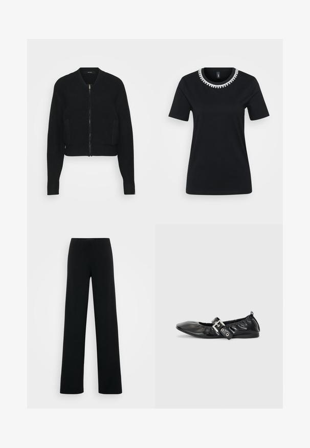 Chaqueta bomber corta negra hecha de tela texturizada, con cierre frontal, puños acanalados y dos bolsillos laterales.; Camiseta negra de manga corta con un cuello decorativo de cuentas. Fabricada en una tela suave, con un corte estándar y dobladillo redondeado.; Vero Moda Tall VMBERLIN ZAMIRA WIDE - Pantalones - black; Zapato plano de piel negra con puntera afilada, detalle fruncido alrededor de la abertura y un acento de hebilla plateada en la correa ajustable.