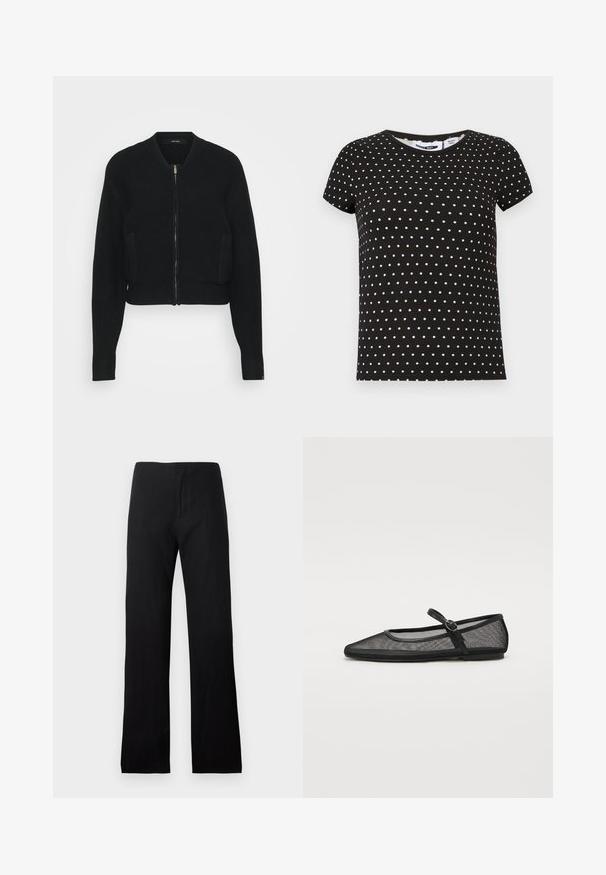 Veste bomber noire courte en tissu texturé avec une fermeture éclair à l'avant, des poignets côtelés et deux poches latérales.; T-shirt noir à manches courtes avec des pois blancs, col rond et ourlet droit.; Pantalon noir à taille haute, jambe droite, avec une taille ajustée et sans poches visibles ni ornements.; Ballerine noire en maille avec un bout pointu, dotée d'une bride avec une boucle et d'une semelle plate basse. Matériau textile translucide.