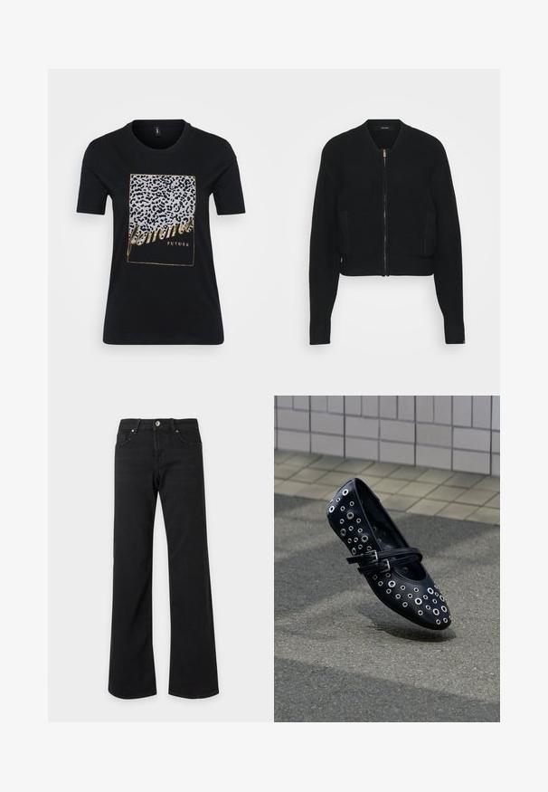 Sort cropped bomberjakke lavet af tekstureret stof med lynlås foran, ribbede manchetter og to sidelommer.; Sort bomuld T-shirt med leopardmønster og gyldent tekst, der står "femmes FUTURE" inden for en rektangulær ramme.; Sorte jeans med høj talje, lige vide ben, forlommer, bæltestropper og lukning med metal knap på hvid baggrund.; Sort flad lædersko med cirkulære udskæringer og dekorative nitter. Har justerbar dobbeltrem og afrundet tå-design.