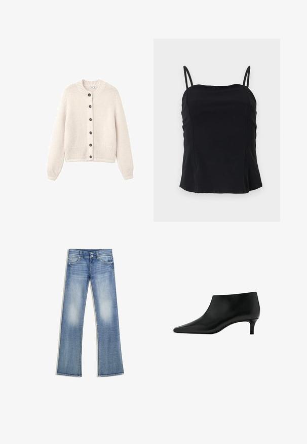 Cardigan en tricot de couleur crème avec un col rond, un tissu texturé, des manches longues et six boutons noirs sur le devant. Ourlet côtelé.; Top noir sans manches avec fines bretelles doubles et encolure carrée, tissu uni, présenté sur un fond clair.; Jean bootcut bleu clair à effet délavé, cinq poches, passants pour ceinture et fermeture à double bouton, posé à plat sur un fond blanc.; Bottine en cuir noir avec bout pointu et petit talon kitten, conçue pour un port élégant et formel.