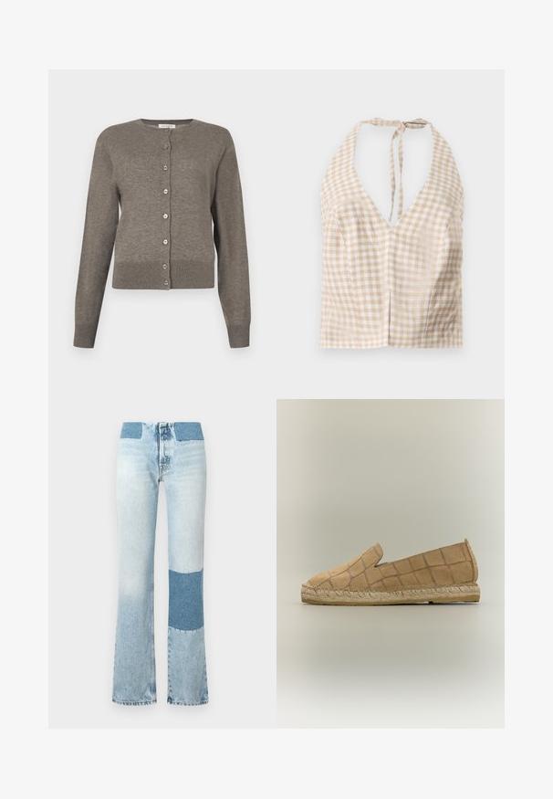 Naisten harmaa pitkähihainen neuletakki, jossa on pyöreä pääntie ja täysipitkä, napitettava etukappale.; Beige ja vitvit gingham-stylinen lyhyt halterneck-toppi, syvällä V-pääntiellä, solmittavalla takasuljennalla ja hieman tekstuurilla. Kaksi pientä etuseamimusta lisäävät yksityiskohtia.; Vaaleansiniset farkut, joissa on leveät lahkeet ja tummansininen kontrastipatch jokaisessa lahkeessa. Korotettu vyötärö ja ommellut yksityiskohdat saumoissa.; Vaaleanruskea mokkainen espadrill-lestari, jossa on ommeltu juttupohja ja hillitty ruutukuvio yläpinnalla.