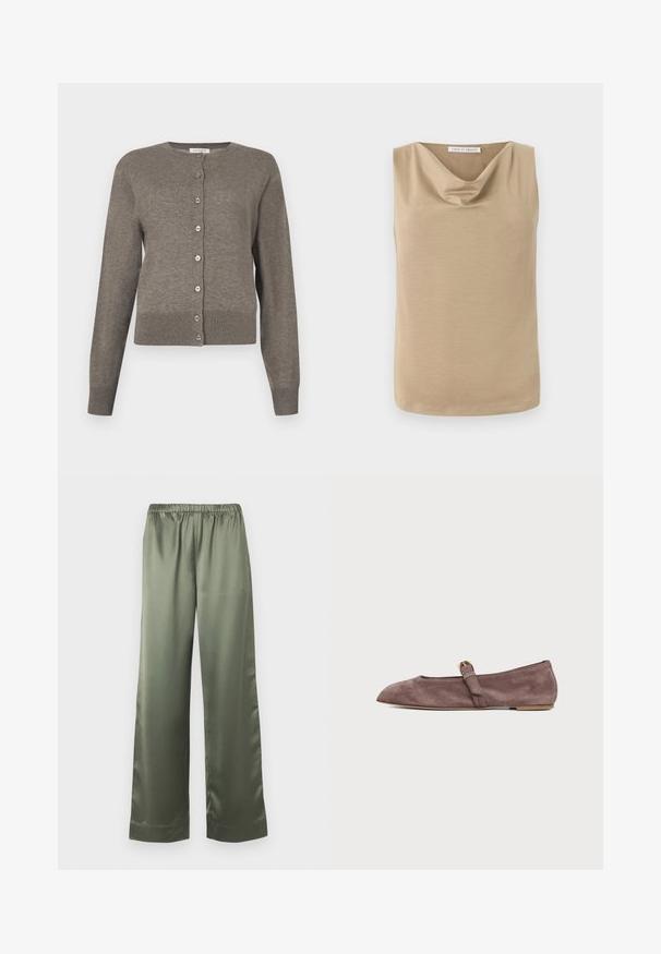 Cardigan gris pour femmes à manches longues, avec encolure ronde et fermeture intégrale à boutons sur le devant.; Blouse beige sans manches avec encolure drapée et ourlet droit, en tissu lisse, étiquette Tiger of Sweden à l'intérieur du col.; Pantalon ample en satin vert olive avec une taille élastique et des jambes larges et droites.; Chaussure plate Mary Jane en daim marron avec un bout pointu et une petite bride à boucle dorée sur fond blanc.