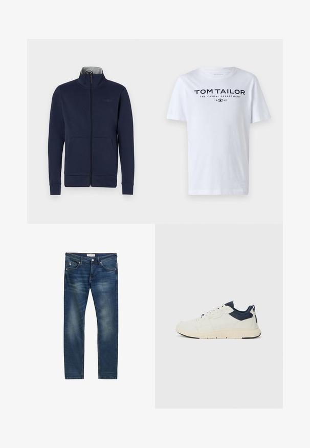 Marineblå zip-jakke i blødt stof med ståkrave, to frontlommer og ribbet mansjetter og nederkant. Diskret logo-detalje på brystet.; Hvid bomulds t-shirt med rund hals, korte ærmer og navy tekst, der læser "TOM TAILOR THE CASUAL DEPARTMENT 1962."; Mørkeblå denim jeans med lige pasform, prydet med let falmning, fem lommer, lynlås og diskret kontrastsyning.; Sneakers med en hvid syntetisk overdel, marineblå stofdetaljer, tekstureret sål og snørebåndslukning. Rund tå og bageste løftestang.