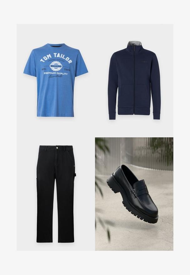 Marinefarbener Zip-Up-Jacket aus weichem Stoff, mit Stehkragen, zwei Vordertaschen und gerippten Bündchen und Saum. Subtiles Logo-Detail auf der Brust.; Blaue kurzärmlige T-Shirt aus Baumwolle. Mit bedrucktem Text "TOM TAILOR" und Logo. Klassischer Rundhalsausschnitt und gerader Saum.; Schwarze gerade Arbeits hose mit vorderen Taschen, Gürtelschlaufen, Knopfverschluss und seitlicher Werkzeugschlaufe auf einfarbigem Hintergrund.; Schwarze Lederloafer mit einer robusten profilierten Sohle, ausgestattet mit einem dekorativen Riemen und einer Stichdetail. Glatte Textur mit einem polierten Finish.