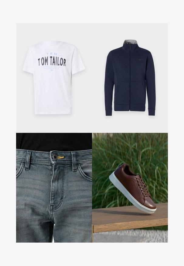 Veste zippée marine en tissu doux, avec un col montant, deux poches avant et des poignets et un ourlet côtelés. Détail de logo subtil sur la poitrine.; T-shirt en coton blanc avec encolure ronde et manches courtes. Comprend un texte imprimé en bleu et noir : « TOM TAILOR », « STREETS OF HAVANA », et des chiffres.; Jean en denim bleu délavé avec une fermeture à bouton, accent jaune à la taille et design classique à cinq poches. La texture semble douce et usée.; Baskets en cuir marron avec semelle en caoutchouc blanche, design à lacets, texture lisse, bout arrondi et détails de couture subtils.