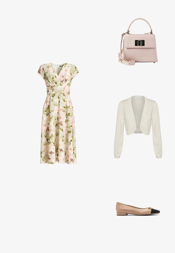 Cárdigan corto color crema con mangas largas, diseño de frente abierto y acentos acanalados en los puños y el dobladillo. Textura de punto suave.; Vestido cruzado verde con estampado floral, mangas tipo capa, cintura ajustada y falda midi en línea A con flores rosas y blancas y hojas verdes.; Bailarina de cuero beige con puntera negra y pequeño lazo en la parte delantera, con un tacón bajo para mayor comodidad.; Bolso pequeño de cuero rosa claro con asa superior, correa de hombro desmontable y cierre rectangular dorado en la solapa delantera.