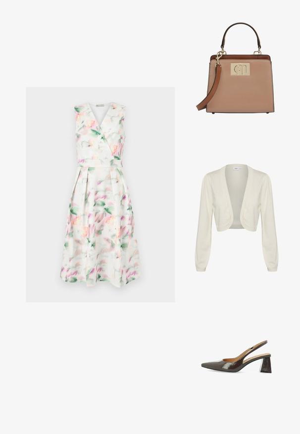 Gilet court de couleur crème avec des manches longues, design ouvert à l'avant et accents côtelés aux poignets et à l'ourlet. Texture en tricot douce.; Robe midi blanche sans manches avec imprimé floral aquarelle pastel, corsage cache-cœur en V, taille cintrée et jupe plissée.; Escarpins à talons hauts avec bride arrière en cuir verni marron foncé brillant, bout pointu, côtés découpés et talon carré.; Sac à main structuré en cuir beige texturé, doté d'une plaque logo en métal doré, d'une poignée supérieure et d'une bandoulière amovible.
