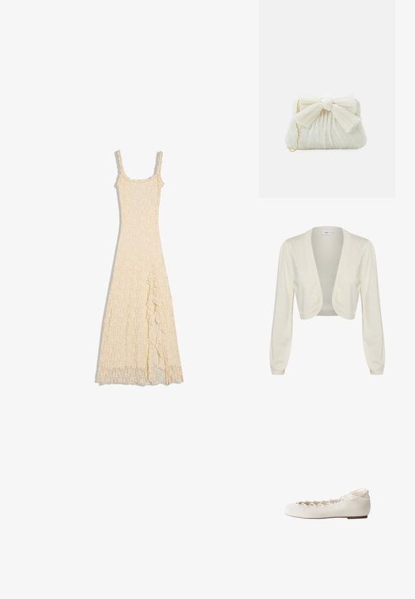 Gilet court de couleur crème avec des manches longues, design ouvert à l'avant et accents côtelés aux poignets et à l'ourlet. Texture en tricot douce.; Robe maxi en dentelle couleur crème avec fines bretelles, corsage ajusté et fente froncée sur le côté gauche.; Ballerine blanche avec lacets croisés devant et attache à la cheville, semelle plate et bout arrondi, vue de profil.; Sac à main plissé blanc avec un nœud proéminent et une chaîne dorée. Texture douce avec un design froncé à l'avant.