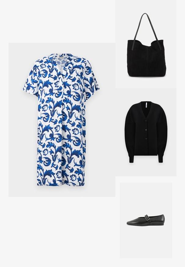 Sort strikket cardigan med dyb V-udskæring, lange drop-shoulder ærmer og knaplukning foran. Ribbet manchetter og hæm kant tilføjer tekstur.; Kortærmet kjole i knæ-længde med V-hals, prydet med et blåt blomstermønster på en hvid baggrund, lavet af letvægtsstof.; Sorte læder flade sko med spidse tæer, prydet med en metallisk spænde over vristen og en lav, fleksibel sål.; Sort ruskinds totemed med to lange, flade læderremme. Har en buet topkant og synlige stikninger langs forsiden. Ingen hardware-dekorationer.