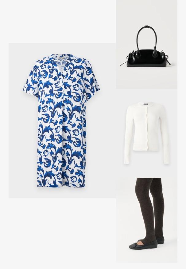 Cárdigan blanco de manga larga con canalé, escote redondo y cierre frontal con botones. Tejido suave con un diseño ajustado y textura sutil.; Vestido de manga corta, hasta la rodilla, con escote en V, que presenta un patrón floral azul sobre un fondo blanco, hecho de una tela ligera.; Piernas con leggings oscuros acanalados combinados con bailarinas negras que presentan pequeños detalles de lazo sobre un fondo blanco.; Pequeño bolso negro brillante con dos asas largas y detalles de cordón lateral sobre un fondo claro liso.