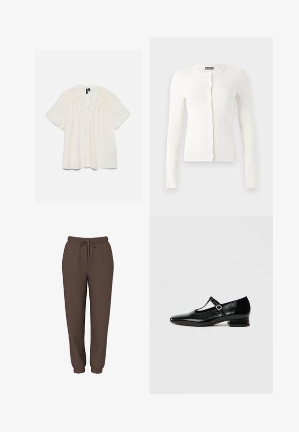 Cardigan blanc côtelé à manches longues avec un col rond et une fermeture à boutons sur le devant. Tissu doux avec une coupe ajustée et une texture subtile.; Blouse blanche à manches courtes avec boutonnière sur le devant et broderie florale découpée aux épaules et en haut de la poitrine.; Pantalon de jogging marron avec taille élastique, cordon de serrage et bas élastiqués, présenté de face sur fond blanc.; Chaussures Mary Jane en cuir noir avec bout pointu, petit talon carré et bride ajustable avec une boucle argentée. Texture lisse et brillante.