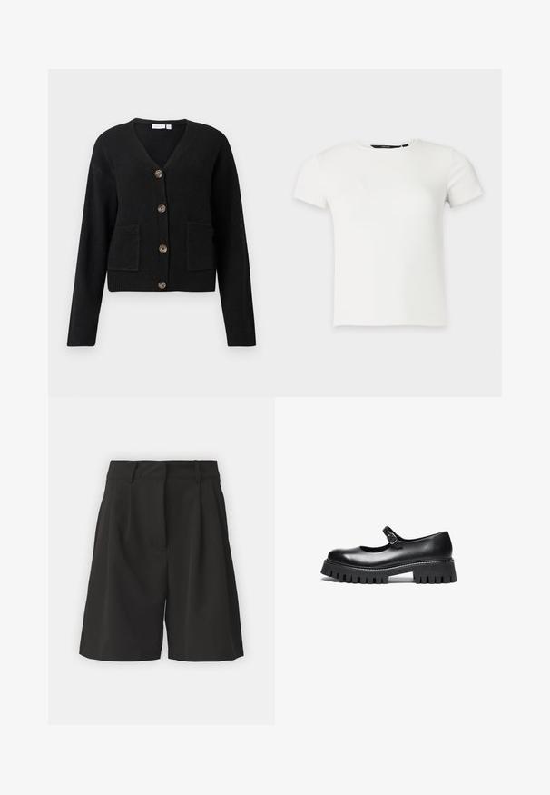 Sort cardigan lavet af blødt strikkemateriale med V-hals, fem store brune knapper og to forlommer med ribbet kant.; Hvid kortærmet ribstrikket t-shirt med rund halsudskæring, vist på en ensartet lys grå baggrund.; Sorte shorts med et skræddersyet design, der har læg foran, en bred talje, og en glat overflade. Ingen synlige lommer.; Sorte læder Mary Jane-style sko med rund tå, ankelrem og chunky gummisål med ribbet detaljering.