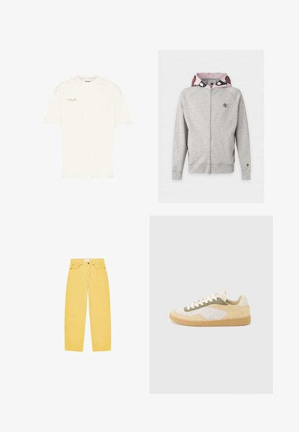 Sweat à capuche zippé gris clair avec doublure à motif rose à l'intérieur de la capuche, petit logo tête de mort en forme de cornet de glace sur la poitrine et écusson sucette glacée sur le poignet.; T-shirt en coton blanc à manches courtes et col rond. Présente une petite impression de texte rouge sur le côté gauche avec les mots "Purpose" et "Grounded."; Jean jaune taille haute à jambe droite, avec poches avant, fermeture à boutons et passants de ceinture sur fond blanc.; Baskets basses en daim beige, panneaux en maille blanche, accents olive, lacets blancs et semelle en caoutchouc naturel sur fond gris clair.