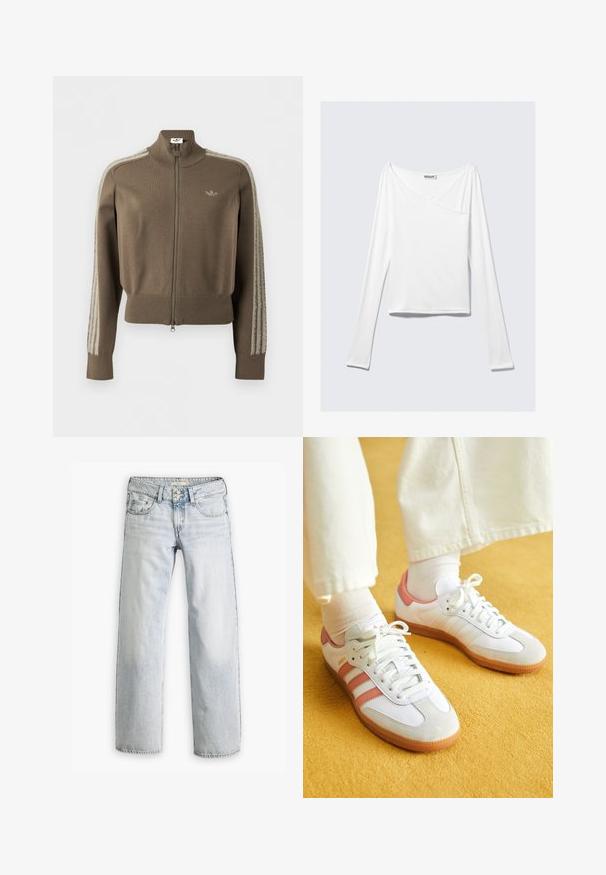 Veste de survêtement marron zippée avec col haut, poignets et ourlet côtelés, logo Adidas sur la poitrine et bandes texturées duveteuses le long des manches.; Haut blanc à manches longues avec un design croisé et une poche. Fabriqué dans un tissu lisse et extensible. Coupé dans une coupe décontractée et ample.; Jean en denim bleu clair avec une coupe décontractée, taille haute et design à cinq poches. Éléments de surpiqûre et fermeture à bouton.; Baskets blanches avec des accents roses, en matériaux de daim et de cuir, à bout rond et semelle en caoutchouc, présentées avec des chaussettes claires sur un fond jaune.