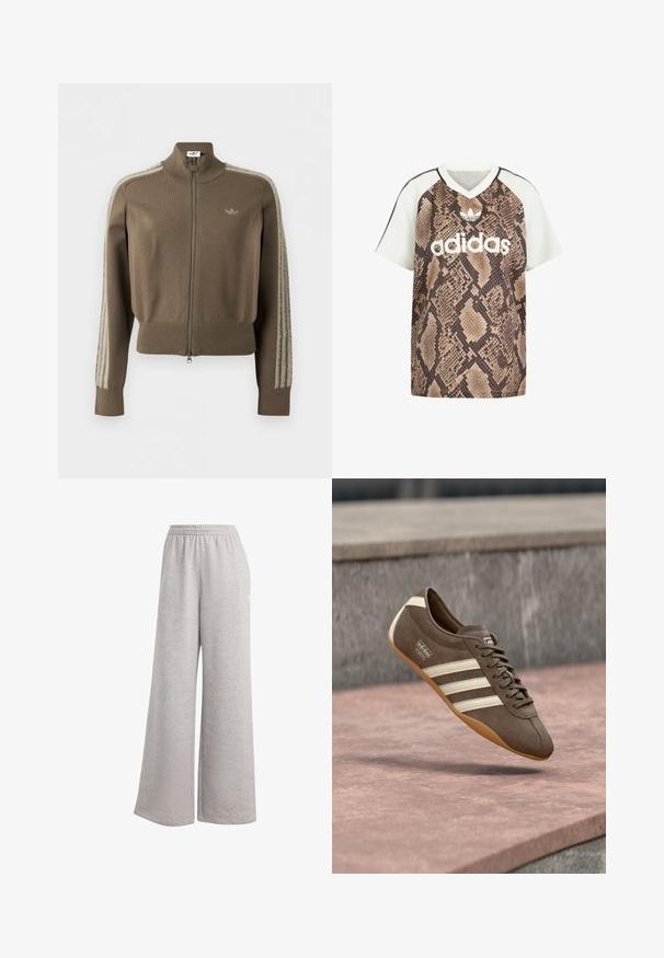 Bruine trainingsjas met rits, hoge kraag, geribde boorden en zoom, Adidas-logo op de borst en zachte, pluizige strepen op de mouwen.; Adidas T-shirt met korte mouwen en V-hals, met witte mouwen en een bruin slangenprint op het lichaam, met wit Adidas-logo en trefoil-embleem aan de voorkant.; Lichtgrijze sweatpants met een losse pasvorm, elastische tailleband en zachte textuur. Heeft subtiele branding aan één kant. Casual ontwerp.; Bruine suède sneaker met witte strepen en merklogo's, voorzien van een ronde neus en een zool van tandgumrubber, zwevend boven een getextureerd oppervlak.