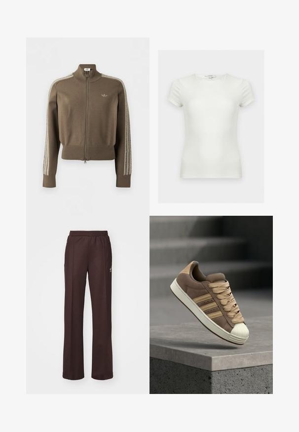 Brun trackjakke med glidelås, høy hals, ribbestrikkede mansjetter og kant, Adidas-logo på brystet og myke teksturerte striper på ermene.; Enkel hvit, tettsittende T-skjorte med korte ermer og rund hals, vist på en nøytral bakgrunn.; Brune idrettsbukser med elastisk midjebånd, to sidelommer og en liten logo på venstre side, laget av et mykt stoff.; Brun semsket lavt sneakers med beige detaljer, kremfarget gummitåhette og beige lisser. Tre parallelle striper på siden.