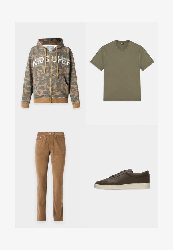 Camo hættetrøje med lynlås, beige snore, forlommer, ribmanchetter og kant, og hvid tekst med nitter, der lyder "KIDS SUPER" på brystet.; Oliven grøn bomulds t-shirt, korte ærmer, rund halsudskæring, lige snit, blød tekstur, ingen mønstre, minimalistisk design, mærke på indersiden af halsudskæringen.; Brune corduroy bukser med en skræddersyet pasform, der har fem lommer, en knaplukning og syet detaljer langs sømmene.; Low-top mørkebrun lædersneaker med snørelukning foran og cremefarvet gummisål, vist fra ydersiden mod hvid baggrund.