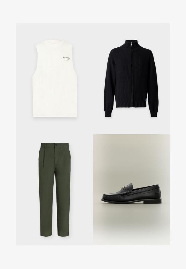 Pull noir en maille avec fermeture éclair, col montant, poignets et ourlet côtelés sur fond uni.; T-shirt blanc sans manches avec col rond et petit logo noir AllSaints sur le haut gauche de la poitrine.; Pantalon droit vert foncé avec plis, passants de ceinture, poches latérales et fermeture devant zippée et boutonnée, présenté sur fond uni.; Mocassin noir en cuir à enfiler avec petit talon, boucle dorée et nom de marque embossé sur le côté sur fond neutre.