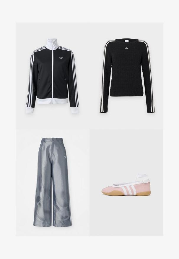 Chaqueta deportiva en blanco y negro con cremallera completa delante, cuello blanco, tres rayas blancas en las mangas y pequeño logo en el pecho izquierdo.; Suéter de punto negro con superficie texturizada, mangas largas, cuello redondo y rayas laterales blancas con un logo bordado en el pecho.; Pantalones de pierna ancha en material gris brillante, con rayas laterales blancas y un patrón de llamas en la parte inferior de las piernas. Cierre con botón y cremallera en la cintura.; adidas Originals TAEKWONDO MEI BALLET - Zapatillas - clear pink/ftwr white/gum