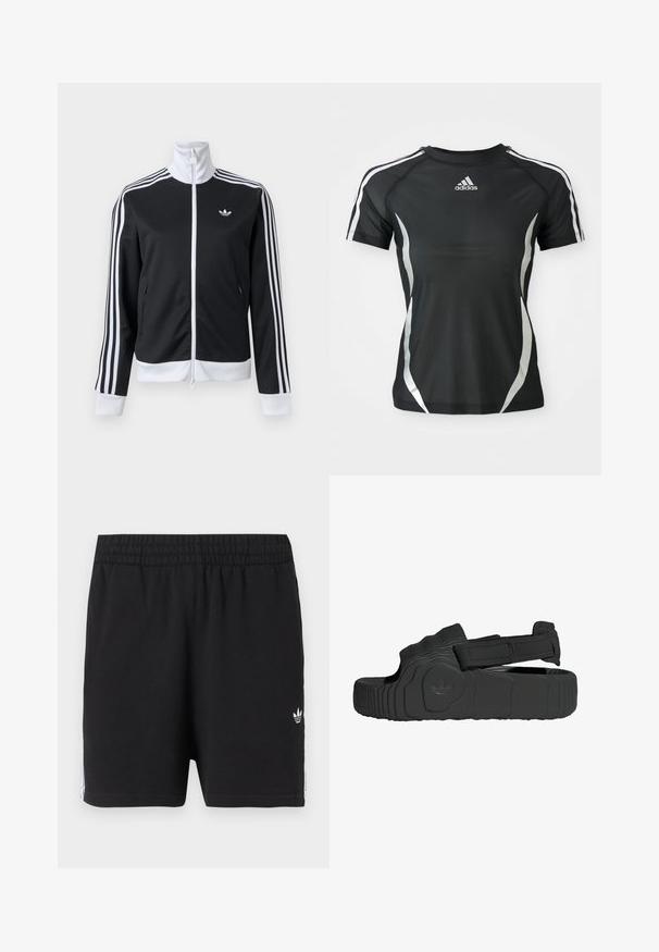 Zwart-wit trainingsjack met volledige ritssluiting aan de voorkant, witte kraag, drie witte strepen op de mouwen en klein logo op de linkerborst.; Zwarte Adidas sport T-shirt met korte mouwen, voorzien van witte strepen op de schouders en zilveren gebogen accenten aan de zijkanten.; Zwarte sportbroekjes met elastische tailleband, klein wit Adidas trefoil-logo op het linkerbeen en witte strepen langs de zijkanten.; Zwarte sandalen van gestructureerd rubber met een brede band en een verstelbare klittenbandsluiting. Heeft een patroon op de zool en een merklogo-detail.
