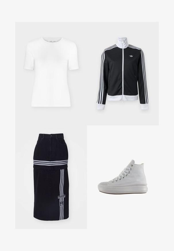 Veste de survêtement noire et blanche avec fermeture éclair complète à l'avant, col blanc, trois bandes blanches sur les manches et petit logo sur la poitrine gauche.; T-shirt blanc à manches courtes avec col rond, coupe slim et texture de tissu côtelé, présenté sur un fond uni gris clair.; Jupe en denim noir à taille haute, avec deux bandes horizontales blanches, une étiquette de logo Adidas sur le côté et un design droit.; Baskets montantes en toile blanche avec lacets blancs, œillets métalliques, semelle épaisse en caoutchouc et bout texturé, orientées vers la gauche sur fond blanc.