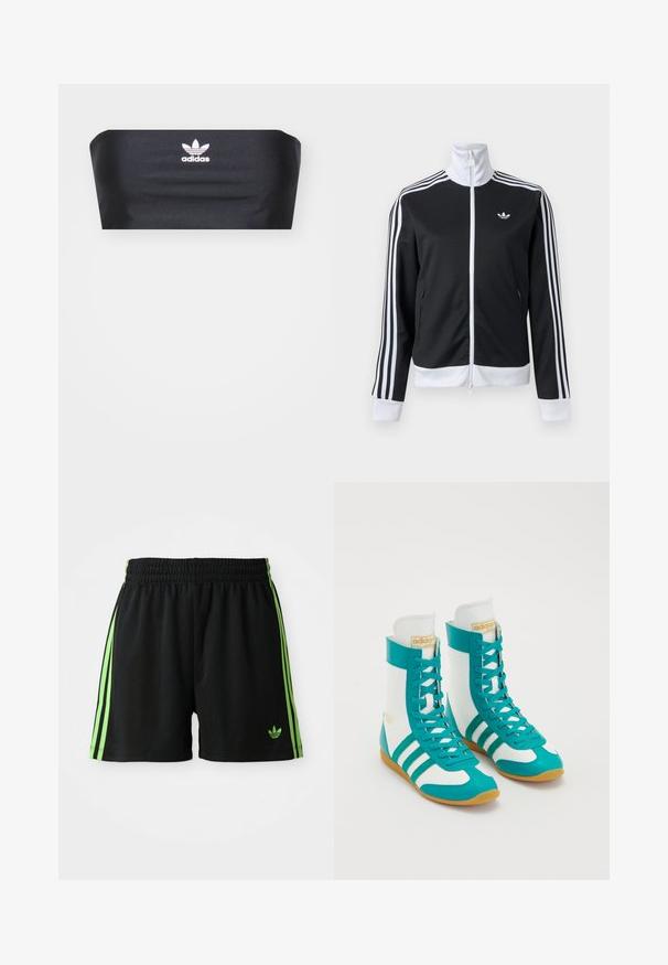Zwart-wit trainingsjack met volledige ritssluiting aan de voorkant, witte kraag, drie witte strepen op de mouwen en klein logo op de linkerborst.; Zwarte bandeau-top van soepel stof, met het witte Adidas-logo gecentreerd aan de voorkant, zonder extra patronen of versieringen.; Zwarte sportshorts met een trekkoord in de taille, voorzien van drie verticale groene strepen aan elke kant en het groene Adidas-logo.; Hoge sportschoenen van synthetisch materiaal in teal, met witte panelen, drie teal strepen en een rubberen zool met een gestructureerde grip.