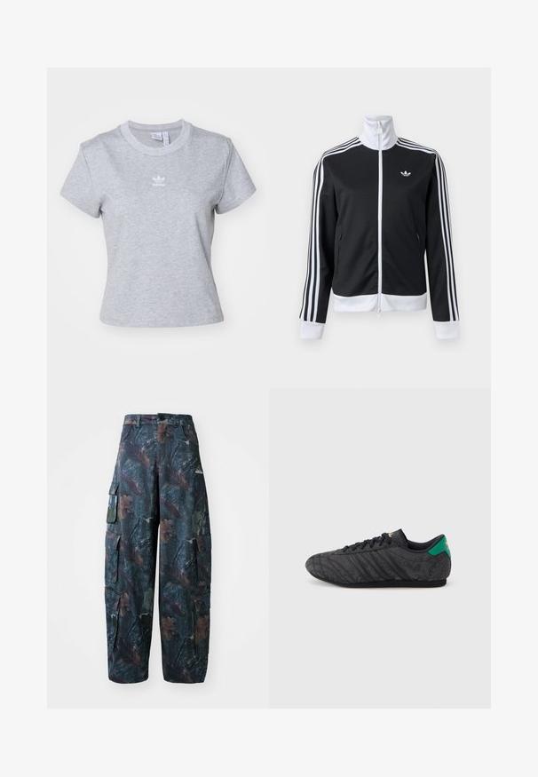 Sort og hvid træningsjakke med fuld lynlås foran, hvid krave, tre hvide striber på ærmerne og lille logo på venstre bryst.; adidas Originals ESS SLIM TEE - T-shirts basic - medium grey heather; Camo cargo bukser i mørkegrøn og brun, med flere lommer og en løs pasform, lavet af letvægtigt, holdbart stof.; Sort lavprofil sneaker med subtilt blomsterprint, sorte snørebånd, grøn hælflap og guldlogo på tunge og hæl.