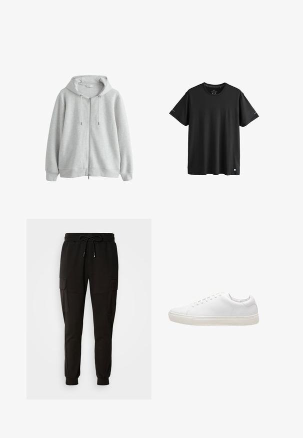 Sudadera gris con cremallera y un patrón acanalado texturizado, mangas largas, cordones ajustables y un ajuste holgado. Tela suave con capucha.; Camiseta deportiva negra de manga corta con cuello redondo, con logos sutiles en las mangas y el dobladillo inferior, talla mediana.; Pantalones de chándal negros con cintura elástica y cordón. Presenta bolsillos tipo cargo a los lados y puños elásticos en los tobillos.; Zapatilla de cuero blanco con textura suave, puntera redonda, cierre de cordones y suela de goma plana. Diseño minimalista sin patrones visibles.