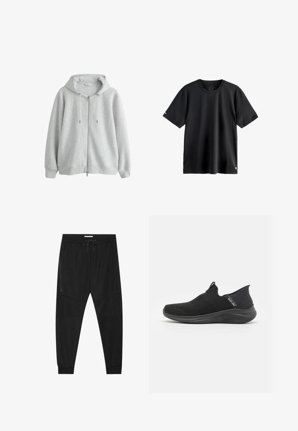 Grauer Kapuzenpullover mit Reißverschluss, strukturiertem Rippmuster, langen Ärmeln, verstellbaren Kordeln und lockerem Schnitt. Weicher Stoff mit Kapuze.; Schlichtes schwarzes kurzärmliges Sport-T-Shirt mit Rundhalsausschnitt, mittlerem Größenetikett im Halsausschnitt und kleinem Logo am unteren linken Saum.; Schwarze Sporthosen aus strukturiertem Stoff, mit verstellbarem Bund, seitlicher Reißverschlusstasche und schmal zulaufenden Bündchen.; Schwarze Slipper mit einem atmungsaktiven Mesh-Obermaterial, strukturiertem Design, flexibler Sohle und einem glatten, gepolsterten Fußbett.