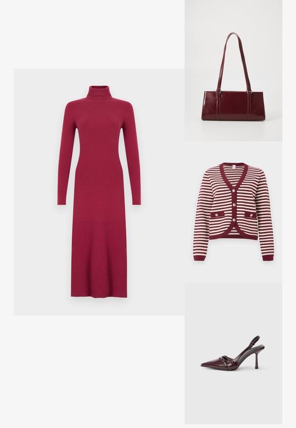 Cardigan rayé bordeaux et blanc avec des manches longues, décolleté en V, bords côtelés, poches avant et quatre boutons décoratifs.; Robe longue à manches longues en tricot côtelé bordeaux avec col montant, silhouette cintrée et ourlet droit. Texture lisse sur toute la surface.; Escarpin slingback en cuir verni bordeaux avec bout pointu, fine bride à la cheville et petit détail décoratif de boucle. Texture lisse et talon haut.; Sac à main bordeaux en matériau brillant, de forme rectangulaire, avec deux anses et des accents légèrement courbés à l'avant.