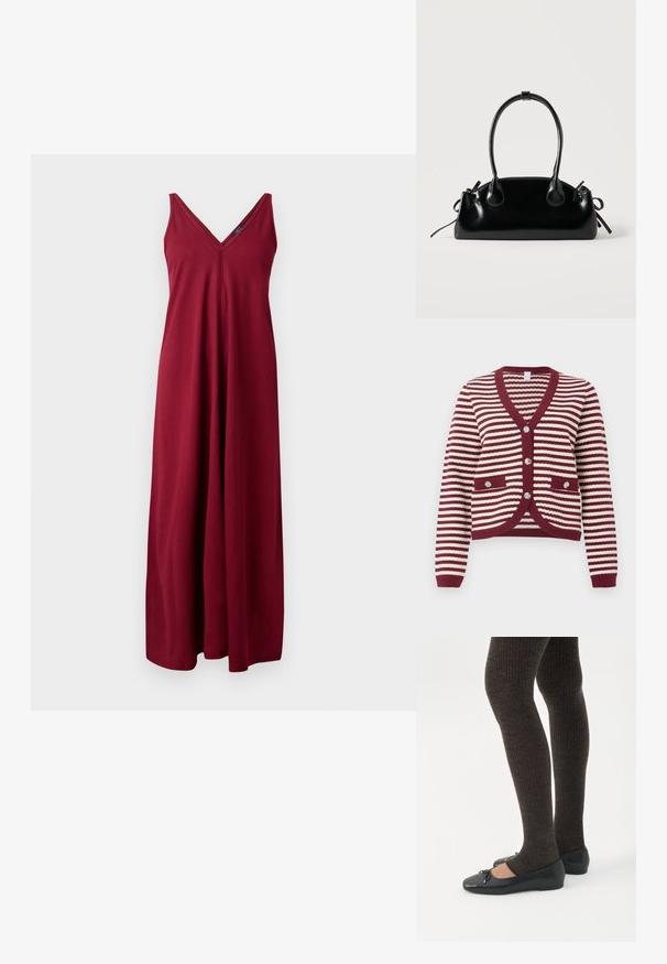 Cardigan a rayas burdeos y blancas con mangas largas, escote en V, bordes acanalados, bolsillos frontales y cuatro botones decorativos.; Vestido maxi sin mangas burdeos con escote en V, confeccionado en tela suave, con un corte holgado y diseño hasta el suelo.; Piernas con leggings oscuros acanalados combinados con bailarinas negras que presentan pequeños detalles de lazo sobre un fondo blanco.; Pequeño bolso negro brillante con dos asas largas y detalles de cordón lateral sobre un fondo claro liso.