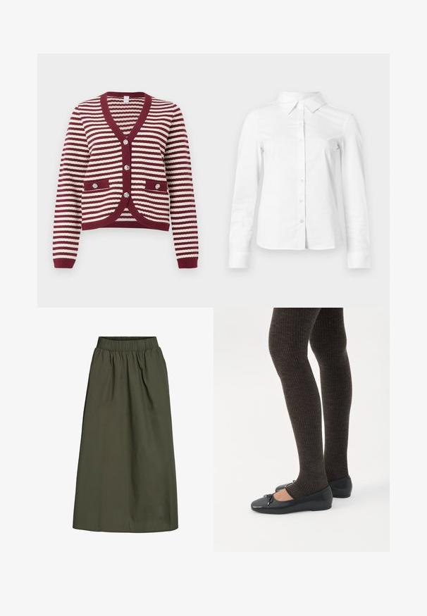 Cardigan a rayas burdeos y blancas con mangas largas, escote en V, bordes acanalados, bolsillos frontales y cuatro botones decorativos.; Camisa blanca de manga larga con botones, cuello puntiagudo, bajo recto y silueta ajustada, presentada sobre un fondo claro y liso.; Falda de color verde oliva, hasta los tobillos, con cinturilla elástica con fruncido y una textura de tela suave y ligeramente arrugada.; Piernas con leggings oscuros acanalados combinados con bailarinas negras que presentan pequeños detalles de lazo sobre un fondo blanco.