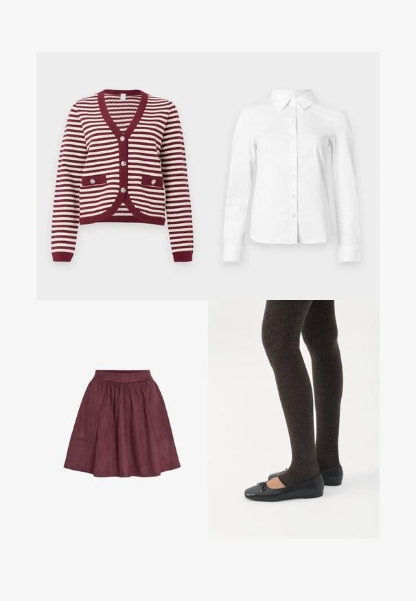 Cardigan a rayas burdeos y blancas con mangas largas, escote en V, bordes acanalados, bolsillos frontales y cuatro botones decorativos.; Camisa blanca de manga larga con botones, cuello puntiagudo, bajo recto y silueta ajustada, presentada sobre un fondo claro y liso.; Falda de ante burdeos con forma acampanada, cinturilla elástica y dos bolsillos laterales, que presenta una textura suave y un diseño minimalista.; Piernas con leggings oscuros acanalados combinados con bailarinas negras que presentan pequeños detalles de lazo sobre un fondo blanco.