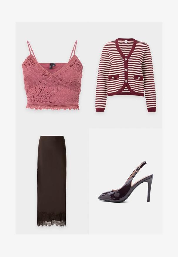 Burgundy ja valge triibuline kardigan pikkade varrukatega, V-kaelusega, sooniku servadega, ees olevate taskutega ning nelja dekoratiivse nööbiga.; Ruusuvaaleanpunainen virkatty bralette, jossa on säädettävät spagettiolkaimet, aaltoileva helma ja monimutkaiset pitsikuviot kankaan läpi.; Ruskea satiininen kynähame, jossa on pitsireunus, sileä pinta ja suora siluetti. Tyylikäs ja istuva malli.; Tummanvioletti kiiltävän nahkainen slingback-korkokenkä, jossa on terävä kärki ja säädettävä solkihihna.