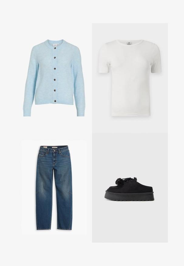 Lyseblå ribstrikket cardigan med lange ærmer, rund halsudskæring og fem brune knapper foran. Blød tekstur med subtil farvevariation.; Hvid ribstrikket T-shirt med korte ærmer og rund hals, med tætsiddende pasform og JDY-mærkat indeni nakken.; Blå denim jeans med en afslappet pasform, der har høj talje, lige ben, synligt syning og en lille detalje på venstre knæ.; Sorte ruskind slip-on sko med en tyk gummisål, rund tå, dekorative pomponer og syede detaljer.