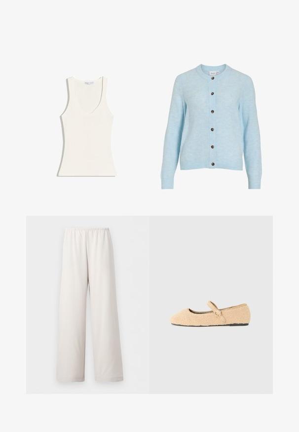 Cardigan côtelé bleu clair à manches longues, col rond, avec cinq boutons marron sur le devant. Texture douce avec une légère variation de couleur.; Débardeur blanc côtelé sans manches avec un décolleté profond, une silhouette ajustée et des fines bretelles.; Pantalon beige crème coupe ample avec taille élastique et jambes larges droites, présenté sur fond blanc uni.; Chaussure plate Mary Jane en beige peluche avec bout arrondi, sangle réglable avec boucle circulaire et semelle noire sur fond blanc.