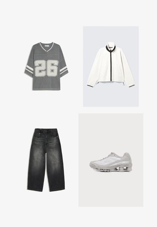 Veste en polaire blanche avec une fermeture à glissière noire sur le devant, un col montant, deux poches latérales et des poignets élastiques avec des cordons de serrage réglables au bas.; Maillot de sport gris en maille à manches courtes avec col en V, rayures blanches sur les manches et grand numéro blanc 26 sur le devant.; Jean en denim noir délavé à jambes larges avec poches avant et arrière, passants pour ceinture et fermeture par bouton à la taille.; Baskets de sport grises et blanches avec semelle à coussin d'air visible et panneaux en mesh, présentées de profil sur un fond clair uni.