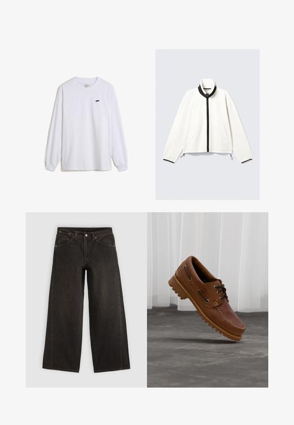 Witte fleecejas met een zwarte ritssluiting aan de voorkant, hoge kraag, twee zijzakken en elastische manchetten met verstelbare toggles aan de onderkant.; Witte langelijf t-shirt van katoen, met een kleine zwarte skateboardafbeelding op de linkerkant van de borst en geribde manchetten.; Zwarte wijdere denim jeans met voorzakken, knoopsluiting en ceintuurlussen, plat neergelegd op een lichte achtergrond.; Bruine leren bootschoen met zwarte veters, beige stiksel en een robuuste zool, zwevend boven een grijze betonnen vloer.