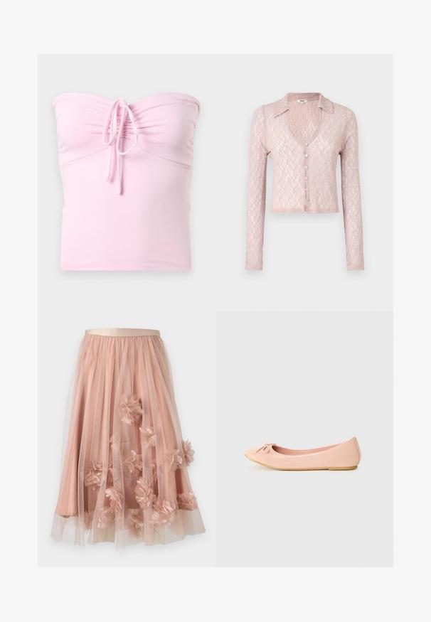 Heled roosa, pikkade varrukatega pitsist kardigan, millel on krae ja V-kujuline kaelus, esiosas viis nuppu, tekstureeritud muster ja lühendatud lõige.; Hollister Co. TIE FRONT TUBE - Topp - light pink; Heleroosa tulleenahast seelik satiinvöökohtadega. Omab kihilist läbipaistvat kangast ja kolmemõõtmelisi lilleaplikatsioone kogu ulatuses.; Kerged balletikingad heleda roosa sünteetilise materjaliga, ümmarguse toe ja väikese paelaga detailiga, paindliku tallaga.