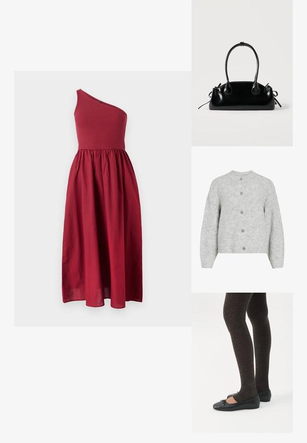 Gilet en maille gris avec un col rond, présentant un design court et cinq boutons décoratifs. Texture douce avec un motif subtil.; Robe d'une épaule, longueur genou, de couleur rouge foncé, avec un corsage ajusté et une jupe fluide, fabriquée dans un tissu léger avec une texture lisse.; Jambes portant des leggings côtelés foncés associés à des ballerines noires avec de petits détails en nœud sur fond blanc.; Petit sac à main noir brillant avec deux longues anses et des détails à cordon sur les côtés sur un fond clair uni.