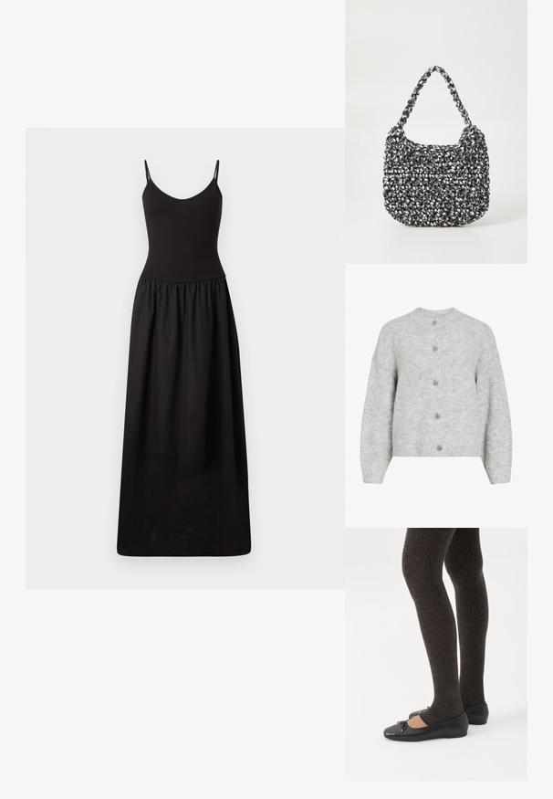 Grå strikket cardigan med runde halsudskæring, der har et cropped design og fem dekorative knapper. Blød tekstur med et subtilt mønster.; Sort maxi kjole med tynde justerbare stropper, tætsiddende overdel, samlet talje og glat stof, der strækker sig til gulvet med en enkel silhuet.; Ben iført mørke ribbede leggings kombineret med sorte balletsko med små sløjfedetaljer på hvid baggrund.; Vævet håndtaske i sort og hvid med en rund form, tekstureret overflade og et fletet håndtag. Velegnet til afslappet brug.