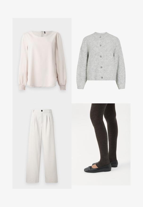 Gilet en maille gris avec un col rond, présentant un design court et cinq boutons décoratifs. Texture douce avec un motif subtil.; Blouse longue à manches en rose clair, avec un col rond, des poignets smockés et une fermeture éclair au dos. Fabriquée en tissu doux et lisse.; Pantalons beige à jambes larges en tissu lisse, avec des plis avant, une fermeture à bouton unique et des poches latérales pour plus de praticité.; Jambes portant des leggings côtelés foncés associés à des ballerines noires avec de petits détails en nœud sur fond blanc.