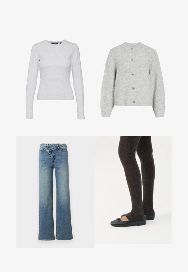 Grå strikket cardigan med runde halsudskæring, der har et cropped design og fem dekorative knapper. Blød tekstur med et subtilt mønster.; Lys grå langærmet t-shirt lavet af blødt bomuldsblandingsstof. Den har en rund halsudskæring og en tætsiddende silhouette uden mønstre eller accenter.; Lyseblå denim jeans med vide ben og høj talje, let falmet effekt og knaplukning foran. Har fem lommer og minimal syning.; Ben iført mørke ribbede leggings kombineret med sorte balletsko med små sløjfedetaljer på hvid baggrund.